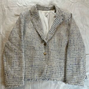 J. Crew Tweed Blazer with Fringe in Blue Ivory Grid Tweed Size 18